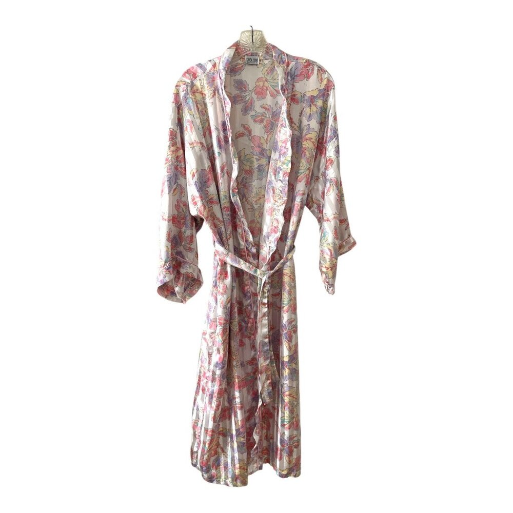 Vintage Y2K Circa 2000 Floral Satiny Kimono Robe Made in USA XL-XXL